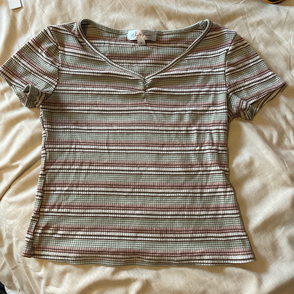 Brown and White Fitted Ribbed Crop Top